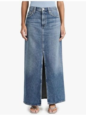 ZARA Button Fly Blue Denim Maxi Skirt with Front Slit.